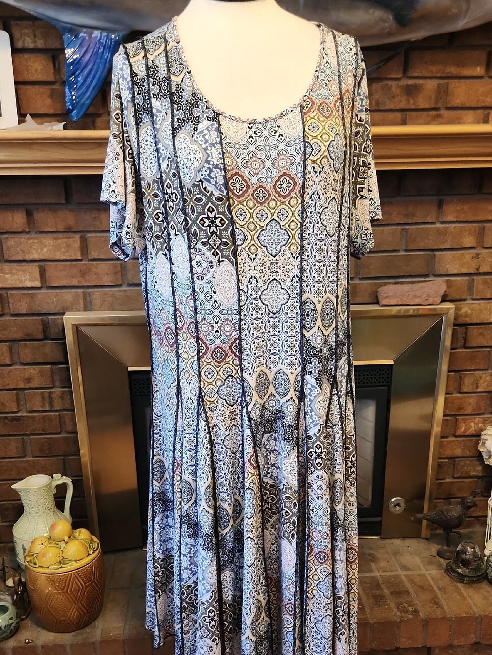 CJ Banks Multi-Color Scoop Neck Printed Tunic Dress Plus Size 1X Brown Blue